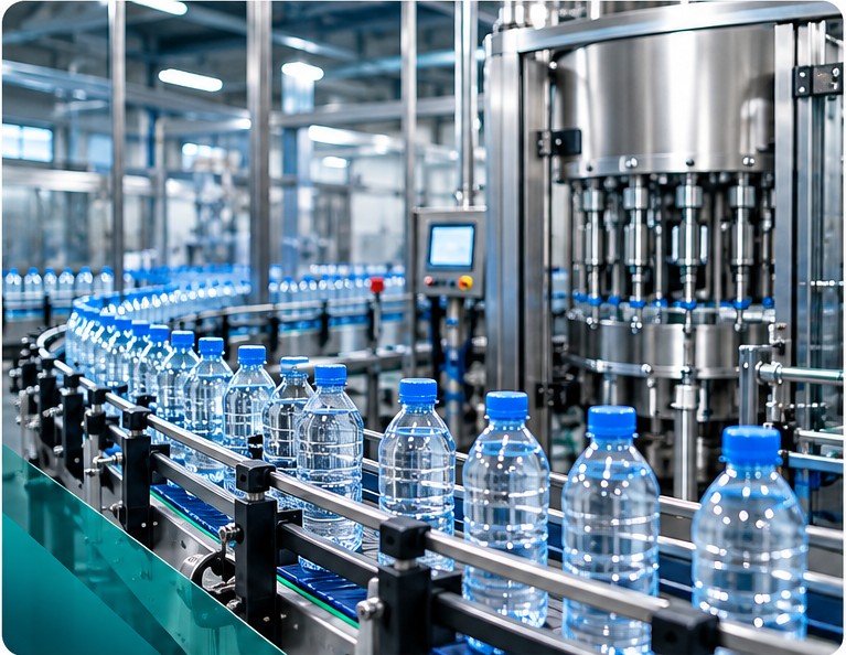 Иллюстрация современной линии розлива бутилированной воды